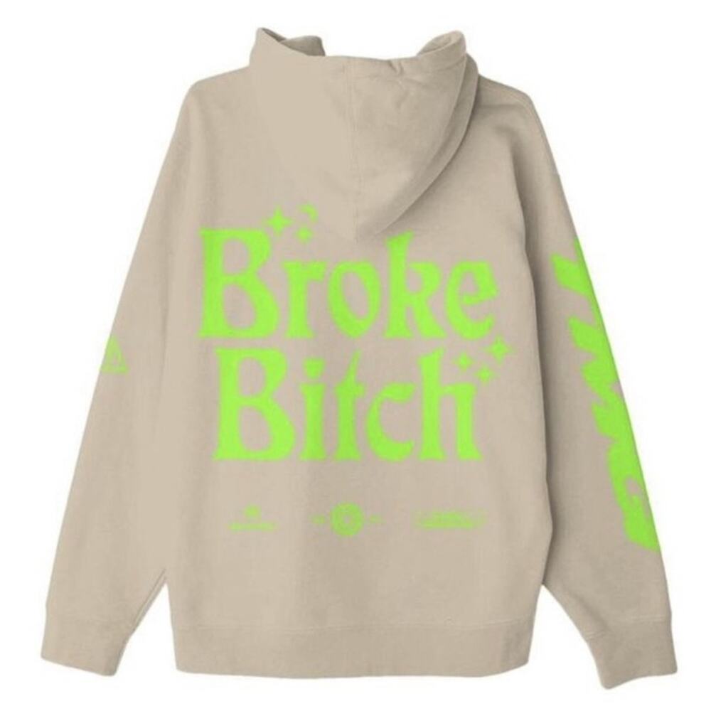 TMG Tiny Meat Gang BROKE B*TCH Hoodie Tan Neon Green Podcast Merch Small